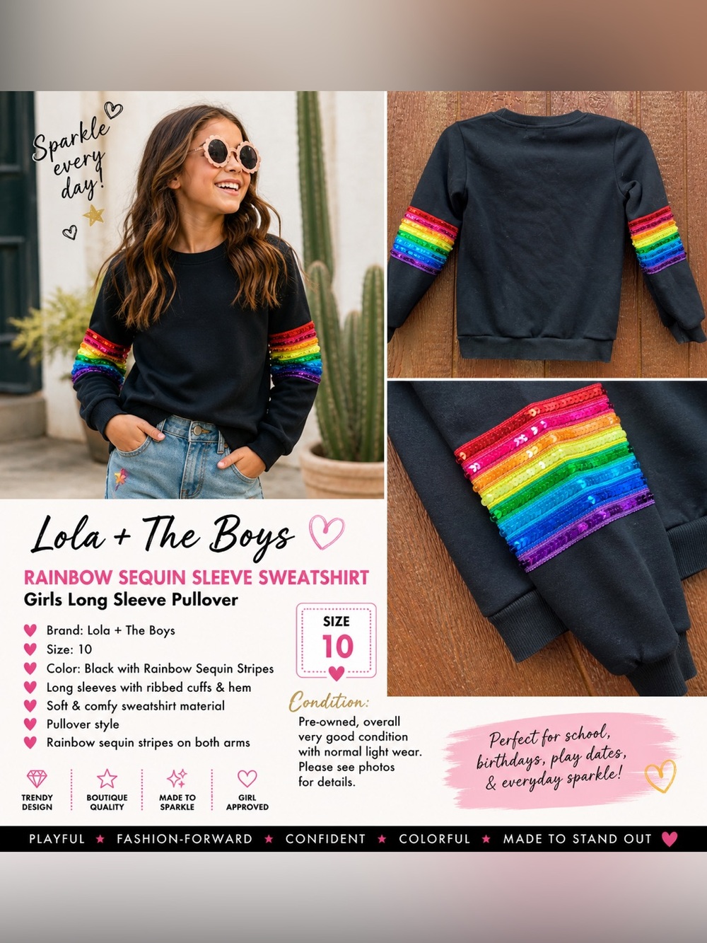 Girls Lola + The Boys Rainbow Sequin Sleeve Sweatshirt Sz 10 Sparkle Pullover